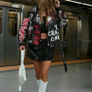 Black Casual Women's Trendy Colorful Graffiti Letter  Punk Style Leather Jacket